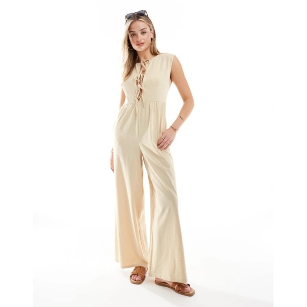 NWT ASOS DESIGN Beige Lace Up Front Sleeveless Cotton Jersey Wide Leg Jumpsuit 2